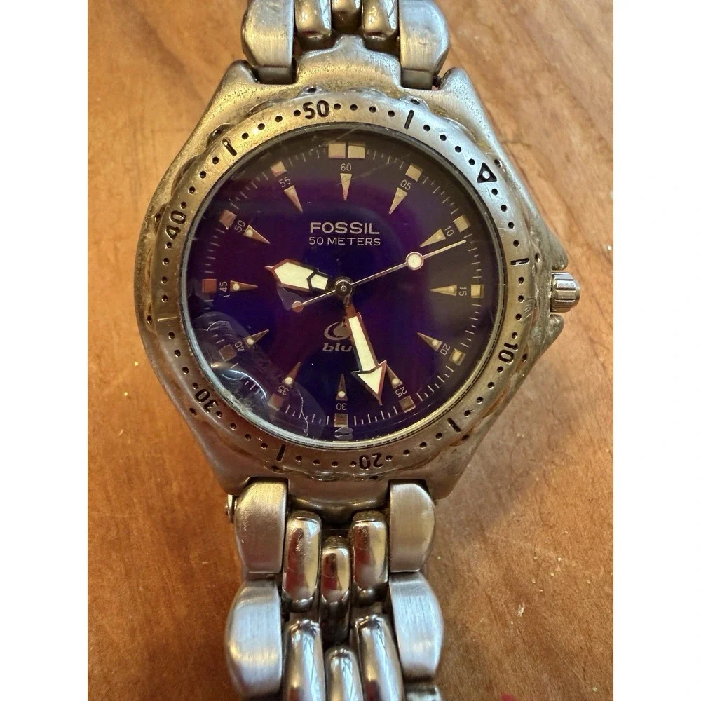 Fossil Blue AM-3067 Diver Watch Blue Dial Stainless Steel Bracelet 50m‎ New Batt